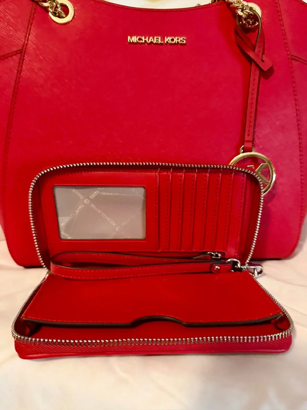 Michael Kors Red Saffiano Tote with Matching MK Wrist Wallet